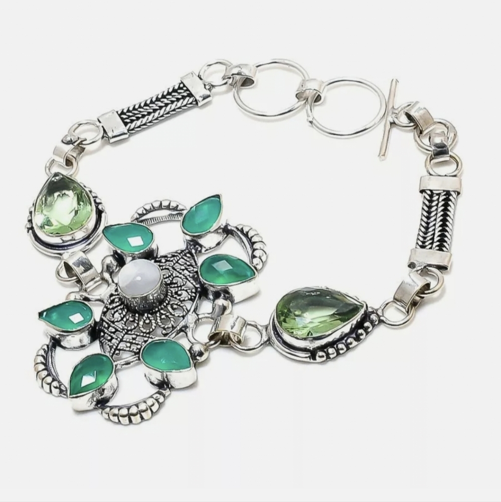 New Rainbow Moonstone, Emerald and Peridot Silver Bracelet.